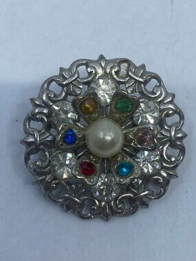 Vtg antique silver tone multicolored rhinestone round brooch